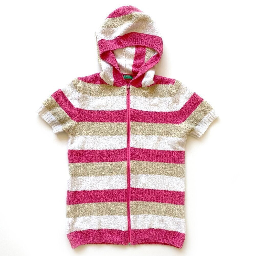VTG Benetton Striped Terry Cloth Short Sleeve Hoodie S